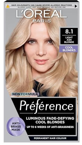 L'Oreal Paris Preference Hair Dye, Long Lasting, Luminous Permanent Hair Colour, 8.1 Light Ash Blonde
