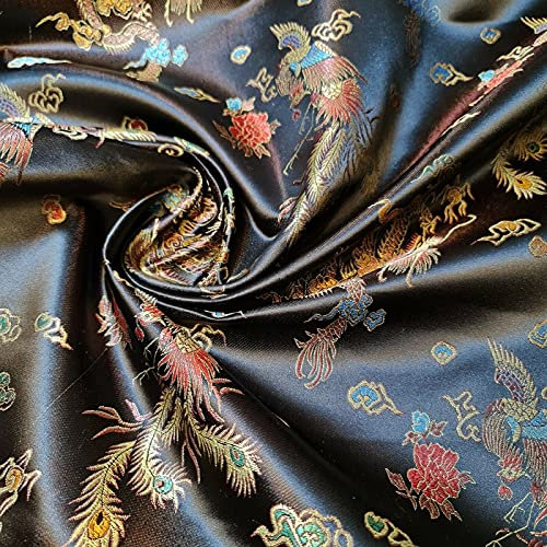 Tissu brodé traditionnel chinois en brocart brodé/satin de soie de qualité supérieure - 150 cm de large - Vendu en longueurs pré-découpées - Noir