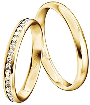 JC Trauringe Gold 333 Paarpreis Poliert I Traumhafte Eheringe 3,0 mm I Einzigartige Partnerringe Gelbgold mit Gravur in edler Schatulle I 2 Hochzeitsringe Herrenring & Damenring mit Steinen I ICT05