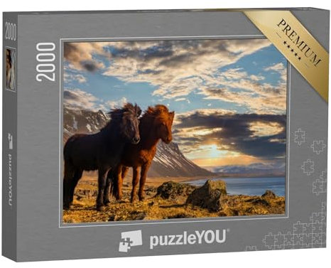 puzzleYOU: Puzzle 2000 Teile „Zwei Island-Pferde an der Küste im Sonnenuntergang“ – aus der Puzzle-Kollektion Pferde, Islandpferde