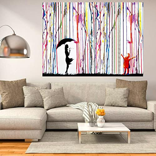Yishui Art Bunte Regen Mädchen Regenschirm von Banksy Poster Graffiti Print Minimalistische Wandkunst Leinwand Malerei Wohnzimmer Wohnkultur 70x100cm (28x39in) Rahmenlos