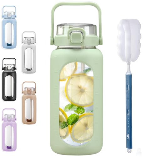 BLUEGO 2L Gourd en verre Avec paille Marqueur de temps Bouteille d'eau Motivation avec manchon en silicone 2 litres Grande carafe d'eau en Verre pour Gym, sports et entraînement, Vert