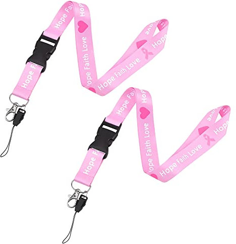 WANDIC 2 Stück Brustkrebs-Aufklärungs-Lanyards, Pink Ribbon Lanyard Pink Neck Lanyard Strap Badge Card Holder Mit Quick Breakaway Buckle for Keychain Phone Holder