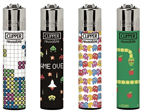 Clipper ® 4er Set Old Games Lighter Flints Feuerzeug Schlüsselanhänger Flaschenöffner