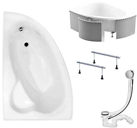KOLMAN Badewanne NATALIA Eckbadewanne 150x100 Links mit Styroporverkleidung, Ablaufgarnitur und Füßen Komplettset 4in1 Premium Original Acryl Wanne Siphon