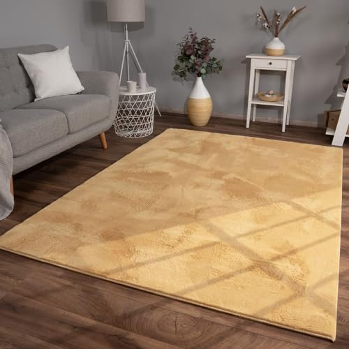 TT Home Wohnzimmer Teppich Hochflor Langflor Kunstfell Weich Modern Unifarben Flauschig, Farbe: Gelb, Größe:160x220 cm