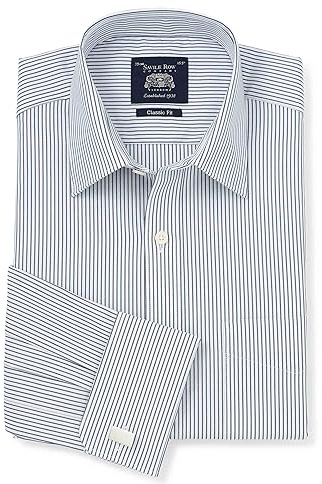 THE SAVILE ROW COMPANY LONDON Men's Classic Fit Cotton Poplin Formal Shirt - Double Cuff - Navy Fine Stripe - 19 Collar - Standard
