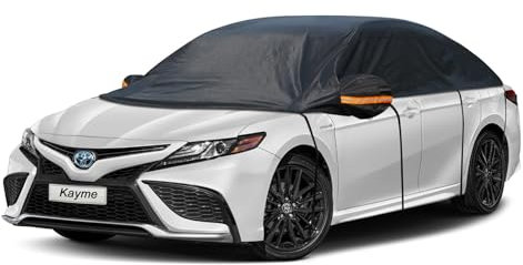 kayme Halbgarage Wasserdicht Atmungsaktiv Autoabdeckung. Halbabdeckung Autoplane für Regen Sonne Staub Schutz. PKW Abdeckplane Wetterfest, Faltgarage für Limousine und Kombi.(bis zu 470 cm) 3L
