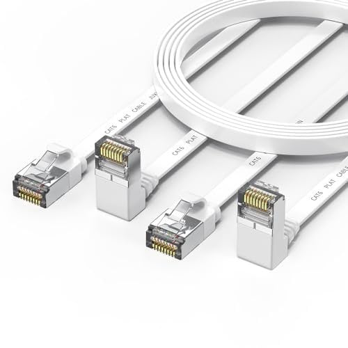 JUXINICE Truly a 90 Degree Head Cat 6 Ethernet Cable 1.5ft (2Pack) Rightangle Cat6 Internet Network Cable Flat - Ethernet Patch Cables Short - Computer LAN Cable -Up Angle -White