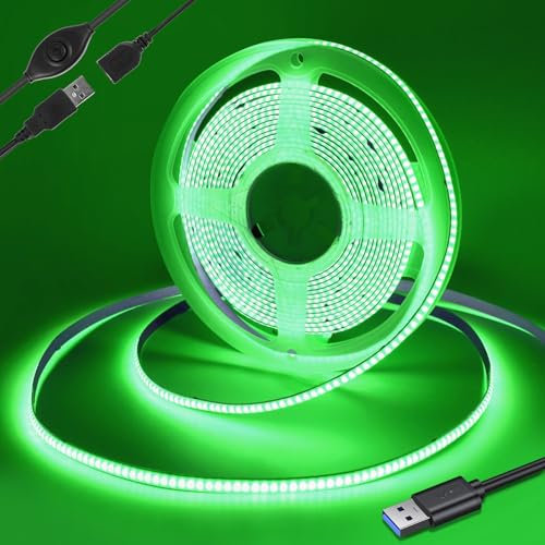 Yamlten 5V COB Led Streifen Grün mit Schalter,320 LEDs/M Dimmbar LED Strip für TV Hintergrundbeleuchtung,Computer,Schrank,Schlafzimmer DIY LED Band 1m.(Stromversorgung schließt aus)
