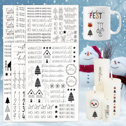 6 Stück Kerzen Tattoofolie, Kerzentattoos Weihnachten, Kerzentattoo Wassertransferdruck, Wasserschiebefolie Kerzen, Kerzen Sticker Weihnachten, Sprüche zum Verschenken, für Kerzen/Keramik (B)