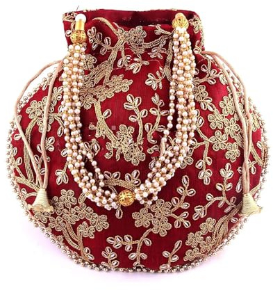 GULAAL ART Indische handgefertigte Handtasche mit Blumenstickerei, kastanienbraun, Baumwolle, Clutch, Geldbörse, Tasche, Kordelzug, für Damen, Hochzeitsgeschenk, Maroon-Gold