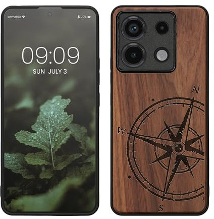 kwmobile Hülle kompatibel mit Xiaomi Redmi Note 13 Pro 5G / Poco X6 5G Hülle - Holz Case - Handy Cover - TPU Handyhülle in Dunkelbraun Kompass Vintage