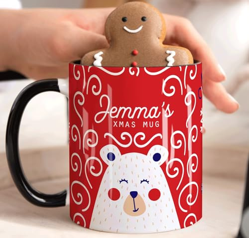 Personalised Christmas Bear Mug with Name, Christmas Gift for Child