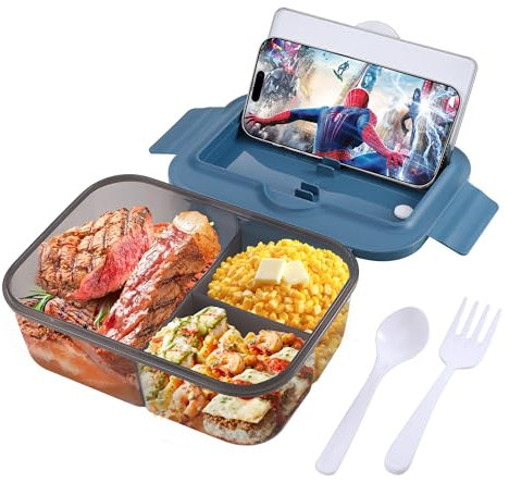Wrischan Fiambrera, 1400Ml Lunch Box adultos and Niños, Bento Box con 3 Compartimento y Cubiertos, Sin BPA y Microondas Lavavajillas, para Sándwiches, Tentempiés Trabajo Escuela Picnic(Azul)