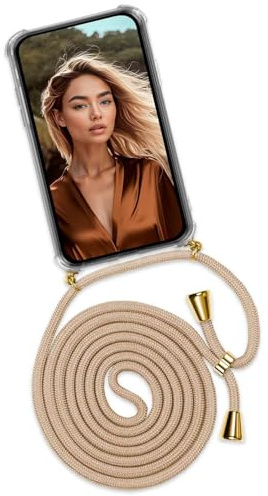 ONEFLOW Handykette für Samsung Galaxy S24 Hülle mit Band, Handyhülle mit Kette abnehmbar, Handyband zum Umhängen, Handy Umhängeband Lange Handykordel, Twist Case – Gold Beige