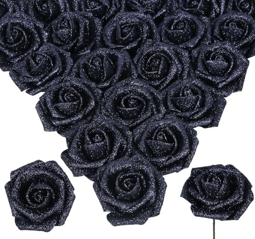 INSUNSIX Glitter Roses 30pcs 2.56 Artificial Grey Black Roses with Stems for Baby Shower Decorations