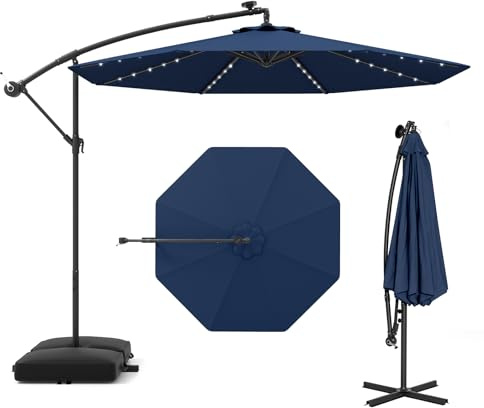 GOPLUS Sombrilla Terraza Exterior 3x3 m con 40 Luces LED Solares, Parasol Excentrico Inclinable con Pie y Base, Altura ajustable, Resistente al Viento y GuardaSol (con Base y LED, Azul, 3 M)