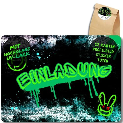 celebr8te 12x Graffiti Einladungskarten - Für den Kindergeburtstag von Jungen - grüne Neon Graffiti Geburtstagseinladungen +12 Sticker +12 Geschenktüten