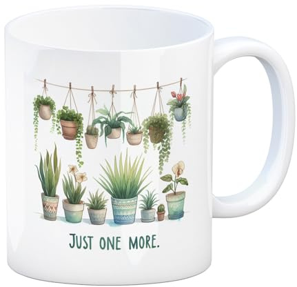 Pflanzen machen glücklich Kaffeebecher mit Spruch Just one more Verschiedene Blumen bunte Über- und Blumentöpfe hängend Zimmerpflanzen - perfekt für zuhause