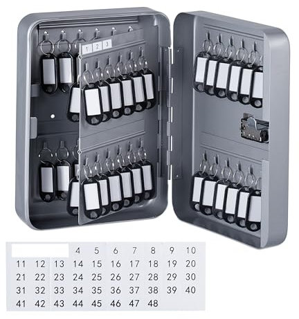 Relaxdays Schlüsselkasten, Zahlenschloss, 48 Haken, mit Schlüsselanhängern, HBT: 25 x 18 x 7,5 cm, Schlüsselbox, grau