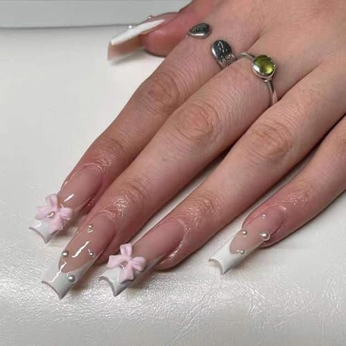 24PCS Long Coffin Press on Nails - French künstliche Nägel Zum Aufkleben mit süßes Bow Design - Nägel zum Aufkleben Full Cover Fake nails für Frauen & Mädchen (French with Bow, Norml)