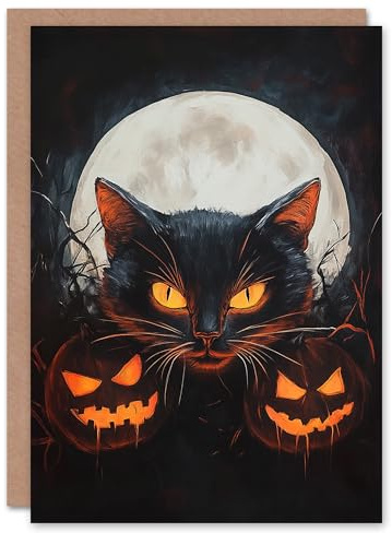 Artery8 Greeting Card Cat and Pumpkins Fun Jack o Lanterns Full Moon Blank For All Halloween Card