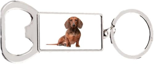 Brown Dachshund Dog Pet Rectangle Bottle Opener Metal Keyring and Velvet Gift Bag