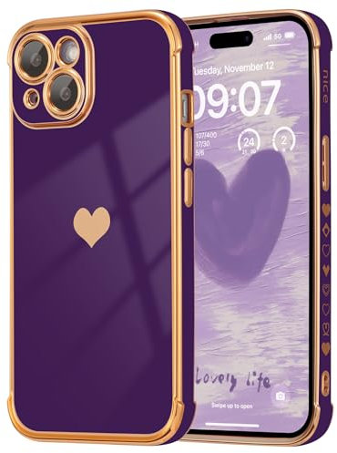 DEFBSC Compatible with iPhone 13 Case for Girls Women, Fashion Cute Side Love Heart Pattern Plated Edge Soft TPU Bumper Shockproof Protective Phone Case - Dark Purple
