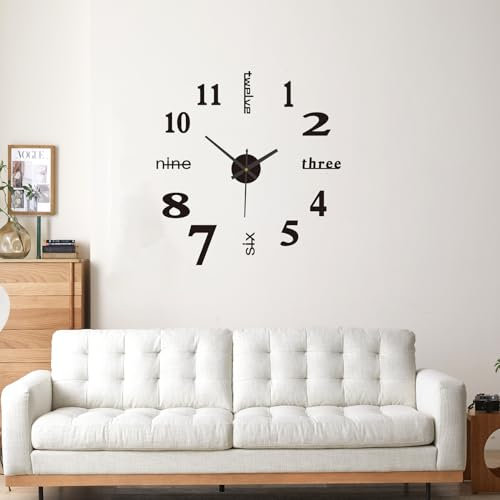 SELURK 3D Wanduhr DIY 50 cm Durchmesser, Selbstklebend mit Schablone, Modernes Design für Wohnzimmer, Schlafzimmer und Büro, Wanduhr zum Kleben, 3D Wandtattoo Uhr in Schwarz, Leiser Mechanismus