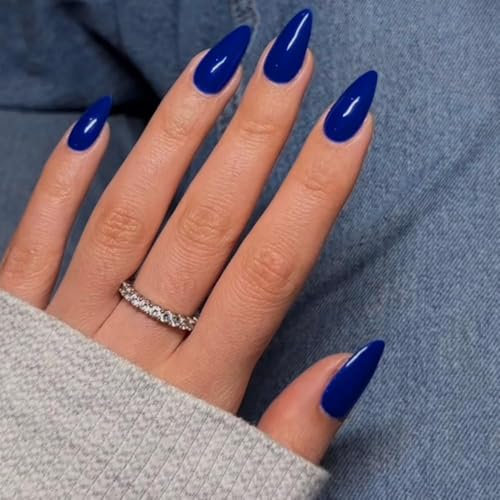 Royal Dark Blue False Nails Almond Shaped SXVME Glossy Acrylic Press on Nails Medium Stiletto, Natural Solid Color Fake Nails for Women Daily Wear 24 Pcs