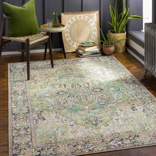 Livabliss Viorica Vintage Rug, Boho – 107x168 cm, Green, Blue, Grey & Beige