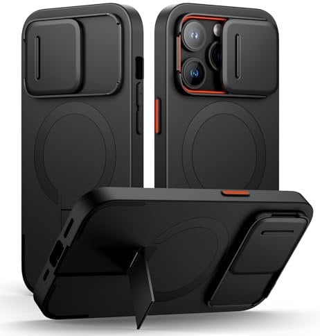 SURITCH Magnetic Case Compatible with iPhone 14 pro, Shockproof Protective Cover with Slide Camera Cover and Adjustable Kickstand(Black)