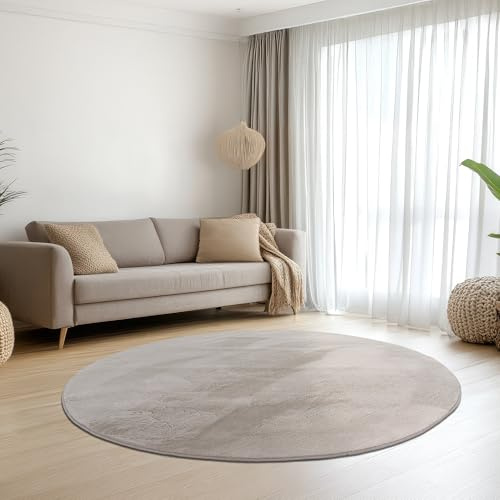 Teppich-Traum Kurzflor Teppich Rund Hasenfell-Optik Beige Ø 140 cm