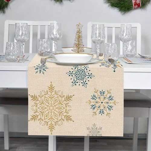 Frohe Weihnachten Tischläufer, Saisonnal Winter Küche Tisch Dekoration Drinnen Urlaub Party Dekor, Moderne Leinen Look Zeder Waschbar Tisch Läufer 33x183cm (Schneeflocke, 33X183cm)