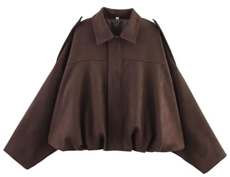 Coffee Women's Bomber Jacket Pilot Bomber Jackets Long Sleeve Oversized Streetwear - Faux Suede, Batwing Sleeves, Full Zipper & Buckle Closure L