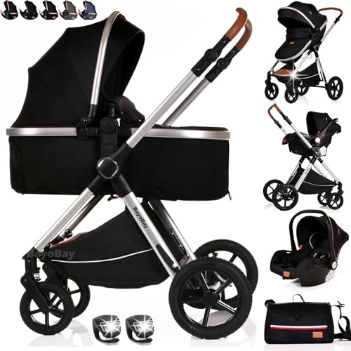 3 in 1 Travel System Baby Pram Buggy with Car Seat Pushchair Carriage Child Lightweight Folding Stroller for Newborns Toddlers from Birth up to 22kg New 2025 Style (BB3 - Black Silver, BB3)