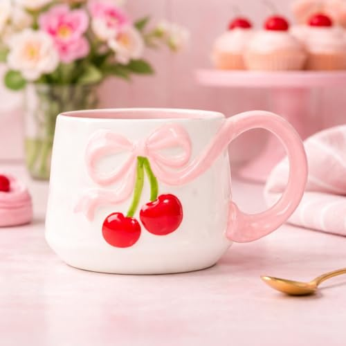 New Adorable Cherry and Bow Design Mug with Soft Pink Handle,Gift Mug for Coffee, Tea and Everyday Use, Perfect for Gifting and Table Decor-N54