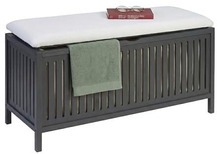 Relaxdays Wäschekorb zum Sitzen, Walnuss, gepolsterter Deckel, HBT: 50 x 100 x 38 cm, Badhocker mit Stauraum, grau/weiß