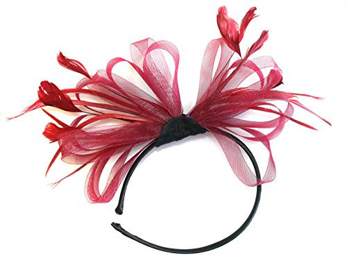 Serre-tête bibi bordeaux avec plumes et boucles - Pour mariage ou sortie aux courses de chevaux