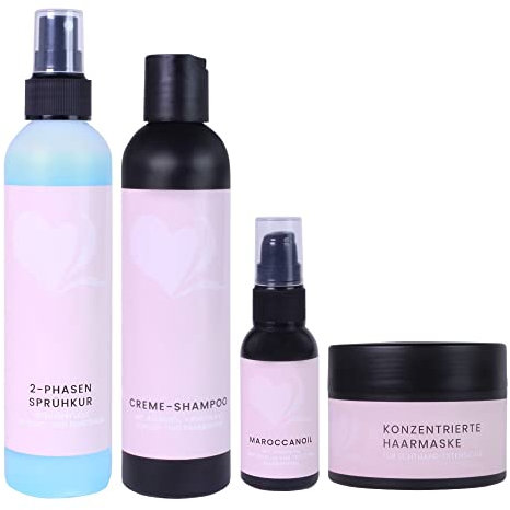 hair2heart Pflegeset für Echthaar Extensions Haarverlängerungen - 2-Phasen Sprühkur, Creme-Shampoo, Haaröl und Haarmaske für strahlendes, gesundes Haar