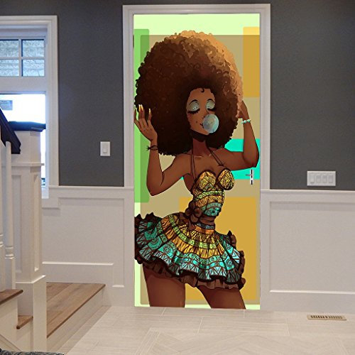 A.Monamour Wandtattoos Wandbilder Aufkleber Deko Traditionelle Afrikanische Schwarze Frau Mit Afro Haare Bläst Gummis Aquarell Porträt Vinyl Zimmer Tür Aufkleber Tapeten Abnehmbare Aufkleber Poster
