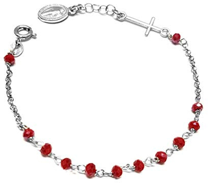 Linea Italia Gioielli - Bracciale Rosario in Argento 925 con Pietre Rosse, Croce e Medaglietta Madonna - Made In Italy
