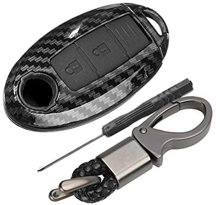 Happyit Coque en Fibre de Carbone ABS + Silicone Clé de Voiture Couverture Cas Porte-clés pour Nissan 3 Boutons (Noir)