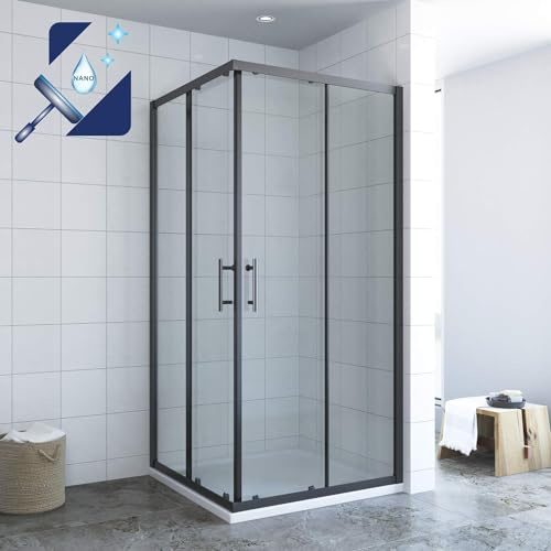 AQUABATOS® 90x90 x 195 cm Duschkabine Eckeinstieg Schiebetür Duschabtrennung Duschwand Glas Duschtür schwarzer Rahmen 6 mm ESG Sicherheitsglas mit Nano Beschichtung, ohne Duschtasse