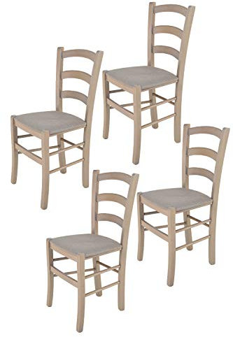 Tommychairs - 4er Set Stühle VENICE für Küche und Esszimmer, robuste Struktur aus lackiertem Buchenholz in Anilinfarbe Hellgrau und gepolsterte Sitzfläche mit STOFF in der Farbe Gämsebraun bezogen