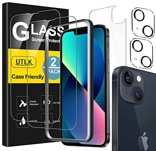 [ 2+2 +2 ] 2 Front + 2 Back for iPhone 13 Glass Screen Protector HD Clear +2 Glass Camera Lens Protector for iPhone 13 (6.1) with Installation Frame,Case friendly