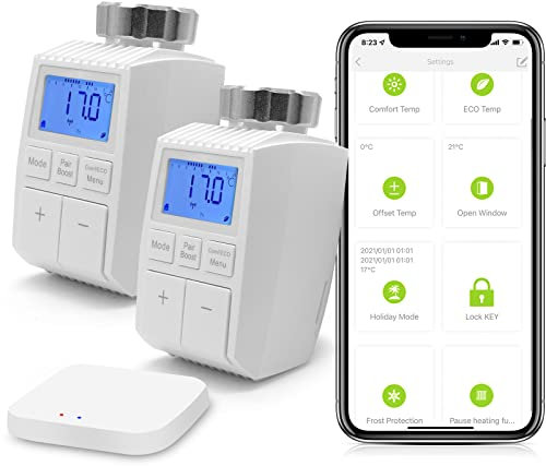 BSEED Smart Home 2er Pack WiFi Thermostat Heizung mit Zigbee Hub Heizkörperthermostat ECO Heizkosten sparen Heizkörperthermostatventil Alexa Google Home Tuya kompatibel LCD-Display ohne Batterien