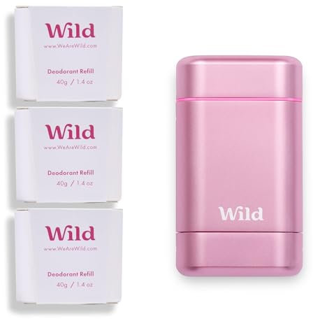 Wild Natural Deodorant for Women - Aluminium Free - Pink Case Starter Kit with 3 x Jasmine & Mandarin Refills (40g) - Vegan & Eco-Friendly - Long Lasting Protection - Natural Ingredients