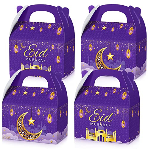 24 Stück Ramadan Leckerli-Boxen Eid Mubarak Geschenkboxen Moschee Stern Mond Laterne Eid Party Geschenkboxen mit Griff Bulk Ramadan Goodie Candy Box für Eid Al Fitr Pakete Zubehör (lila)